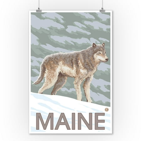 Maine - Wolf Scene - LP Original Poster (9x12 Art Print, Wall Decor Travel