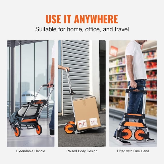 Folding Hand Truck and Dolly, 275 Lbs Capacity, Aluminum Foldable Cart, Heavy-Duty Luggage Trolley Cart with Telescoping Handle and PP TPR Wheels for Home, Office, Shopping, Travel