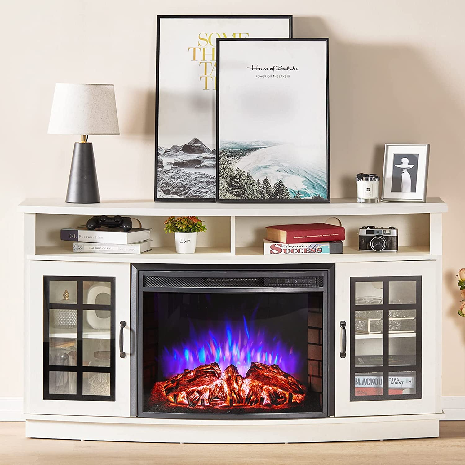 VANACC Curved 59" TV Stand with 26" Fireplace, Farmhouse Entertainment Center for TVs up to 65", Distressed White