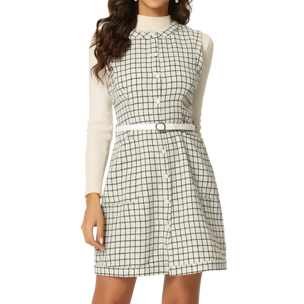 Vestido a cuadros sin mangas con cuello redondo y botones vintage elegante para mujer Beige M