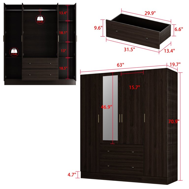Timechee Wardrobe Armoire Wooden Closet with Mirror 4 Doors