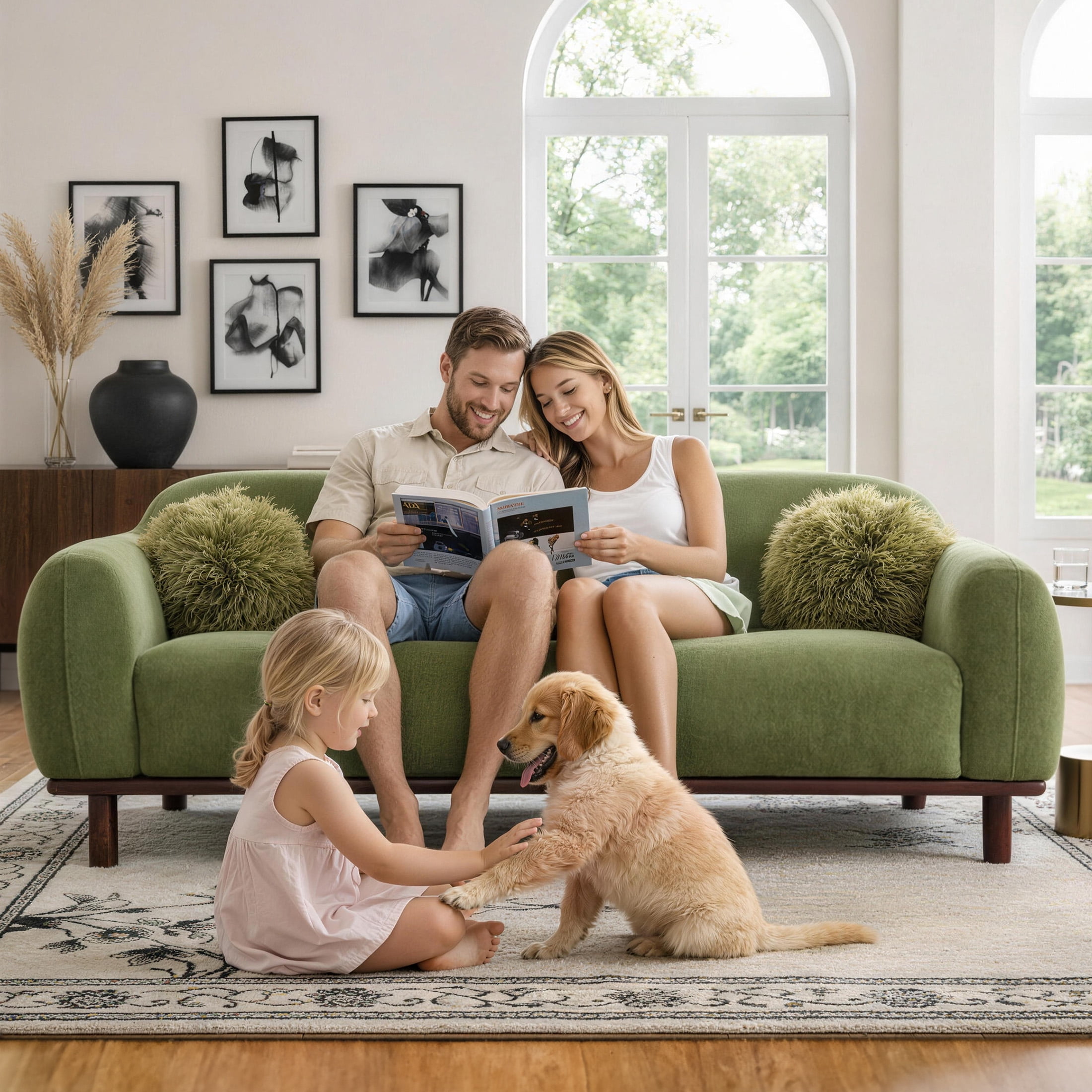 Aukfa 84" Contemporary Sofa, 3 Seater Couch for Living Room, Chenille, Green