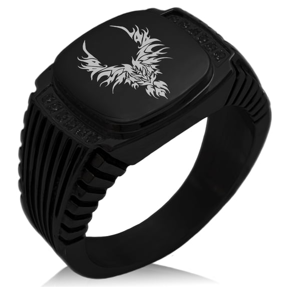Stainless Steel Rising Phoenix Blaze CZ Ribbed Needle Stripe Pattern Biker Style Polished Ring