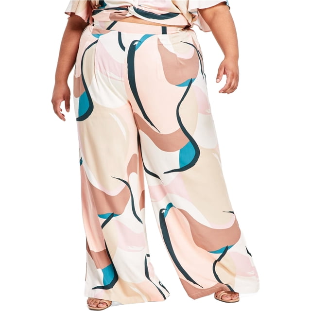 Nina Parker Womens Exploded Geo Swirl Wide Leg Relaxed Casual Pants, beige, Plus Size, 4X