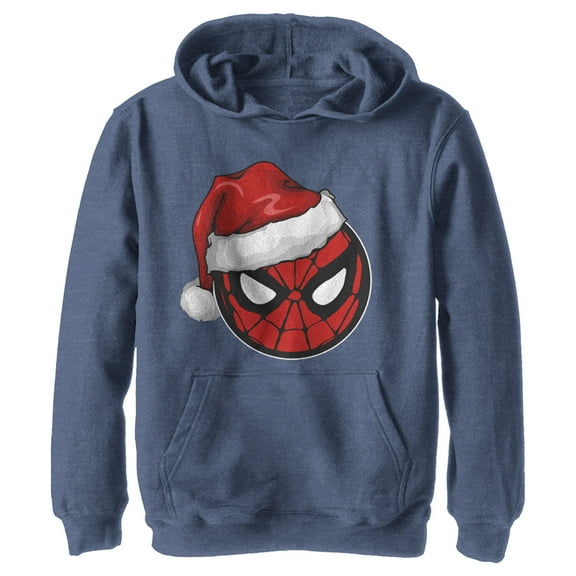 Boy's Marvel Christmas Spider-Man Santa Hat Pull Over Hoodie Navy Blue Heather X Large