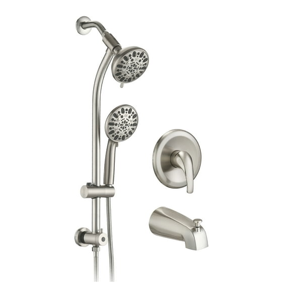 Drill-Free Shower System, Stainless Steel Dual Shower Head Combo with Handheld Shower, 7-Setting Rain Showerhead, Tub Spout & Slide Bar Brushed Nickel   ABS