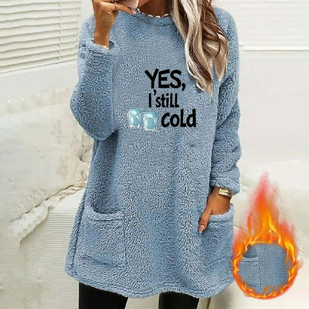 Heisall Womens Autumn Winter Fleece Sweatshirts Round Neck Letter Print Pocket Long Sleeve Thickened Warm Casual Daily Wear
