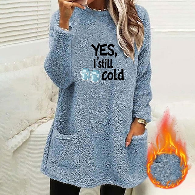 Heisall Womens Autumn Winter Fleece Sweatshirts Round Neck Letter Print Pocket Long Sleeve Thickened Warm Casual Daily Wear