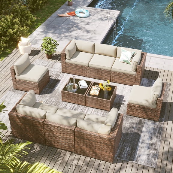 Clouddwell 10 Piece Outdoor Patio Furniture Set, Wicker Rattan Patio Sectional Sofa Set (Beige)