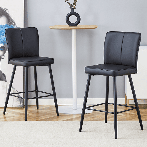 Modern Black PU Bar Stools Set of 2, sleek vertical backrest design, perfect for bars and living rooms.