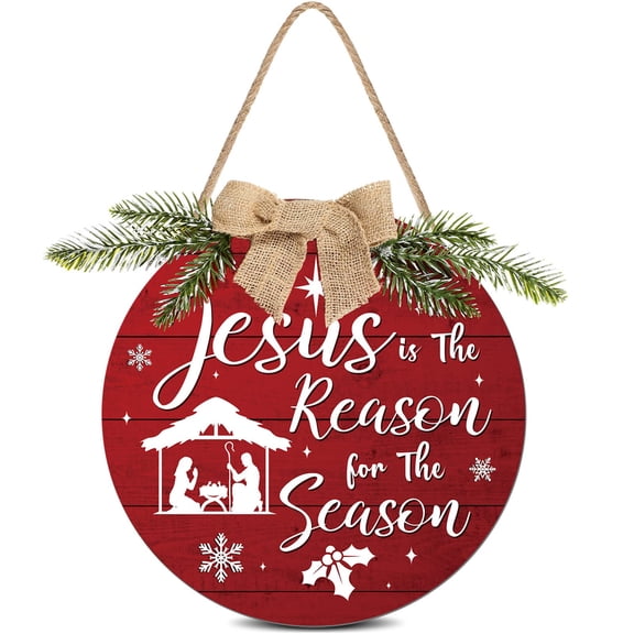 Capoda Christmas Wreath Decorations Wooden Hanging Sign Jesus Is the Reason for the Season Xmas Door Hanging Decor Christmas Nativity Scene Front Door Sign for Xmas Holiday Wall Decoration(Red) C111