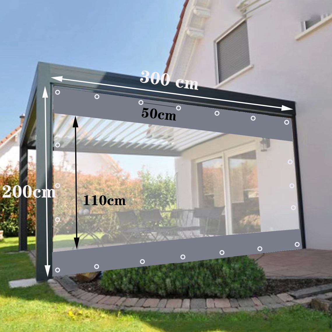 3x2m Clear PVC Outdoor Curtain Waterproof Transparent Patio Panel Windproof UV-Resistant Tarp for Pergola/Gazebo/Porch