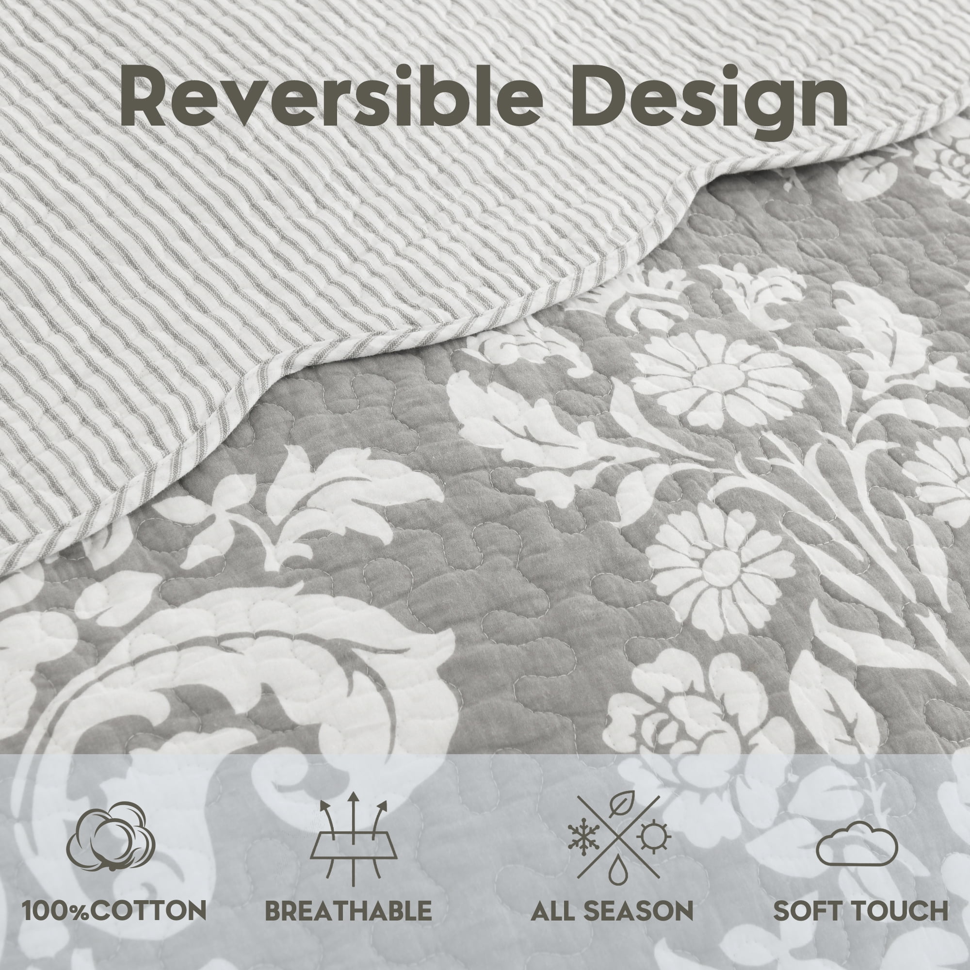 Quilt Set Queen Size - 100% Cotton Grey Damask Floral Bedspreads - Quilted Farmhouse Bedding Set for All Season - Lightweight Scallop Coverlet 3-Piece (Grey and White)