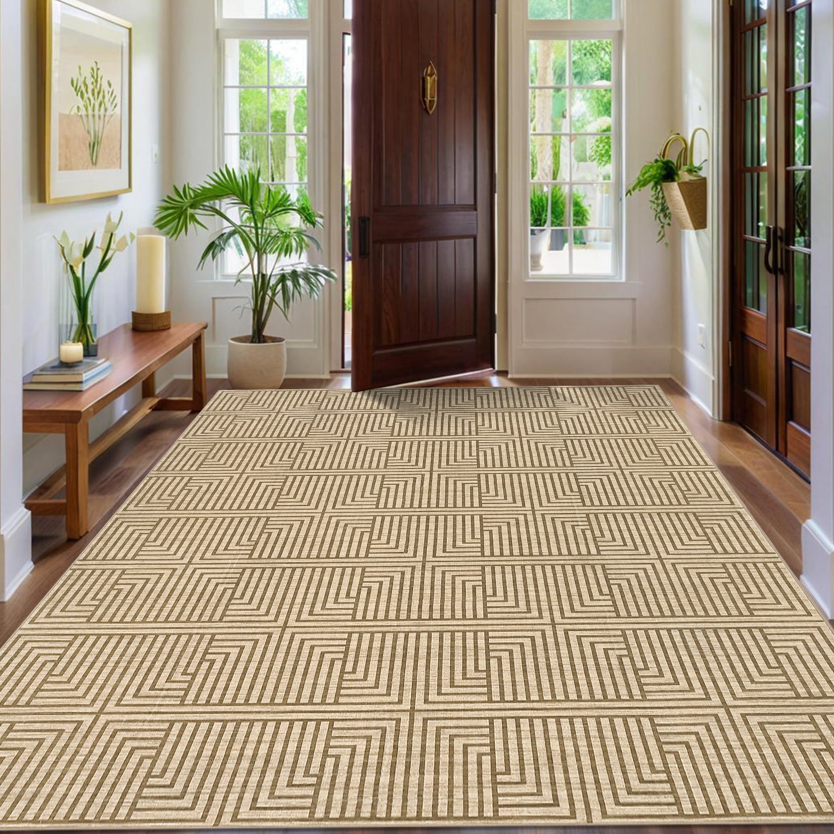 Outdoor Rug, 10x13ft Bordered Light Brown Modern Area Rugs for Indoor and Outdoor Patios, Porches Waterproof Washable Porch Deck Outside Carpet