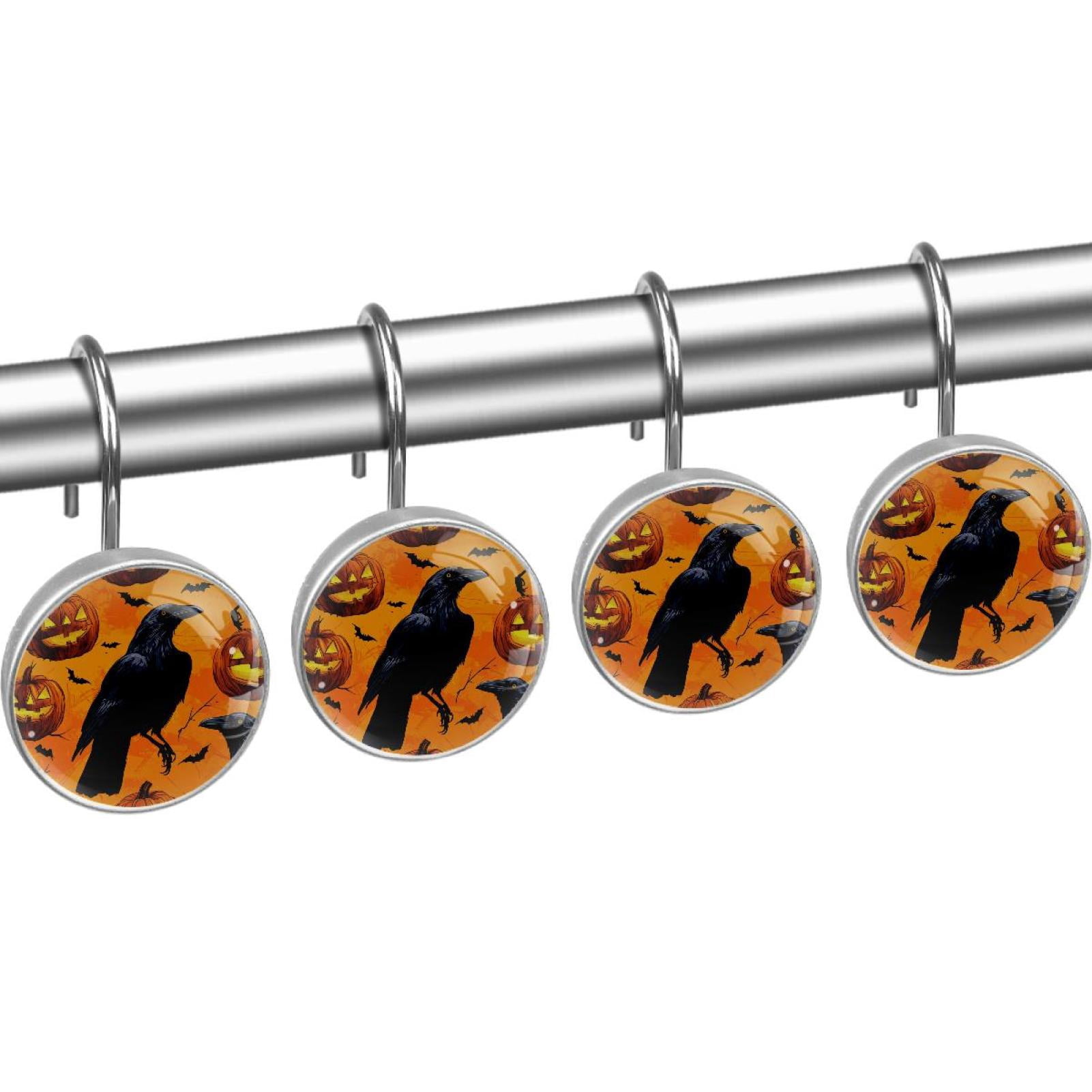 Flying Bat Crow Pumpkin Shower Curtain Hooks Round Crystal Glass, Set of 12 Shower Curtain Rings - Shower Hooks for Curtain Shower Rings
