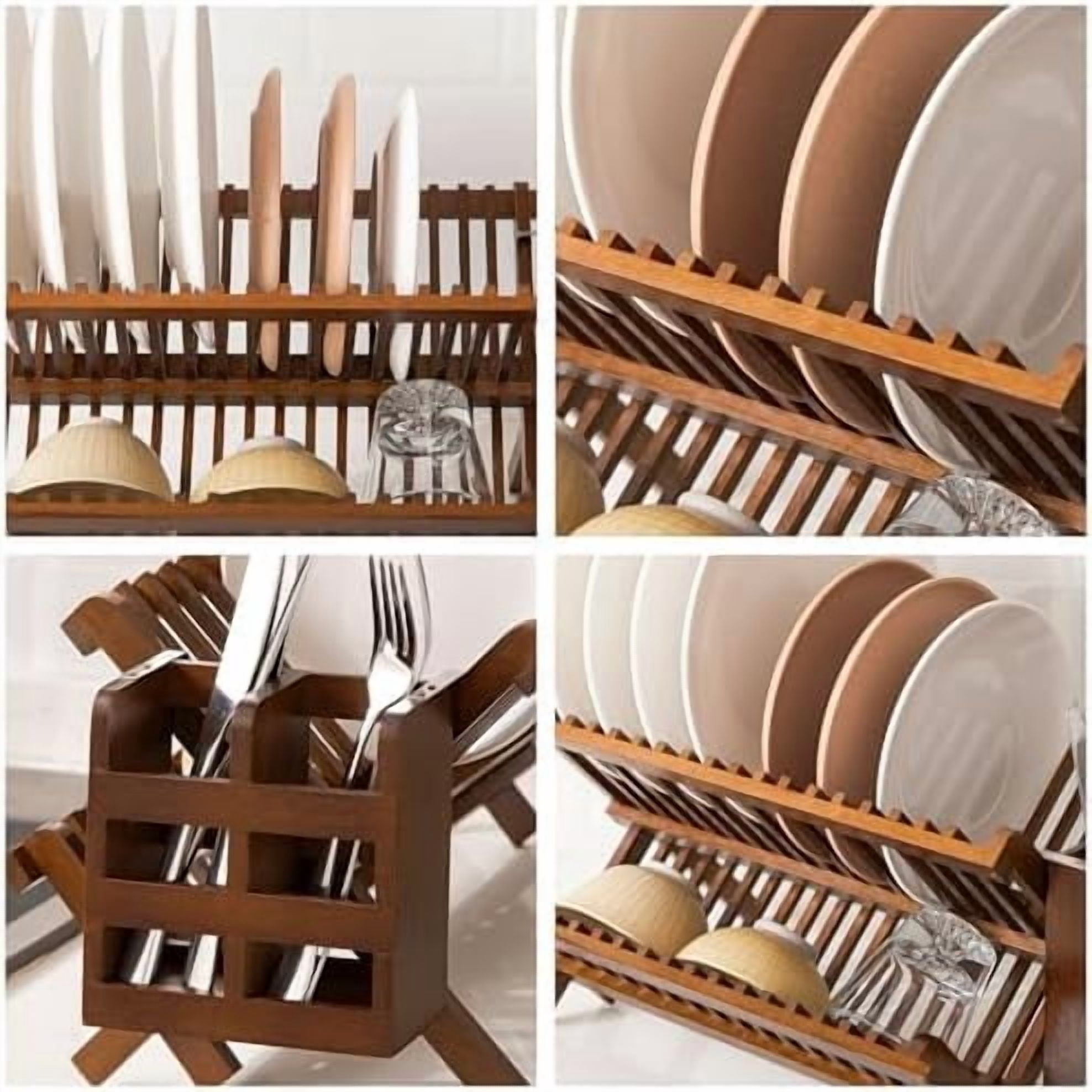 Dish Rack,Teak Folding 2-Tier Collapsible Drainer Dish Drying Rack with Utensils Flatware Holder Set