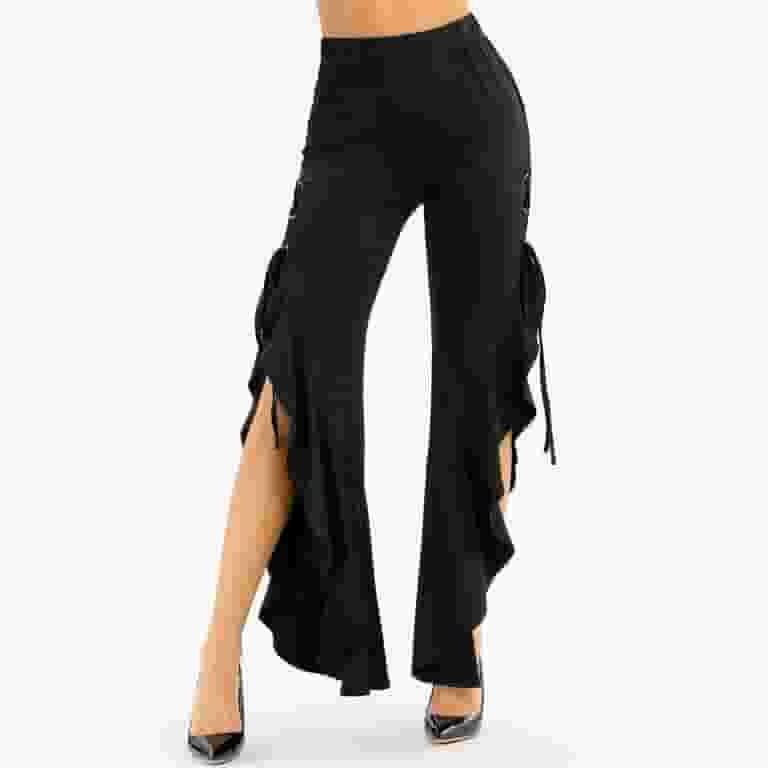 【NONCODE】Bleak Pocket Slit Pants Kiplyki Fall Ladies Pants Women Side Slit Lace-up Flounced