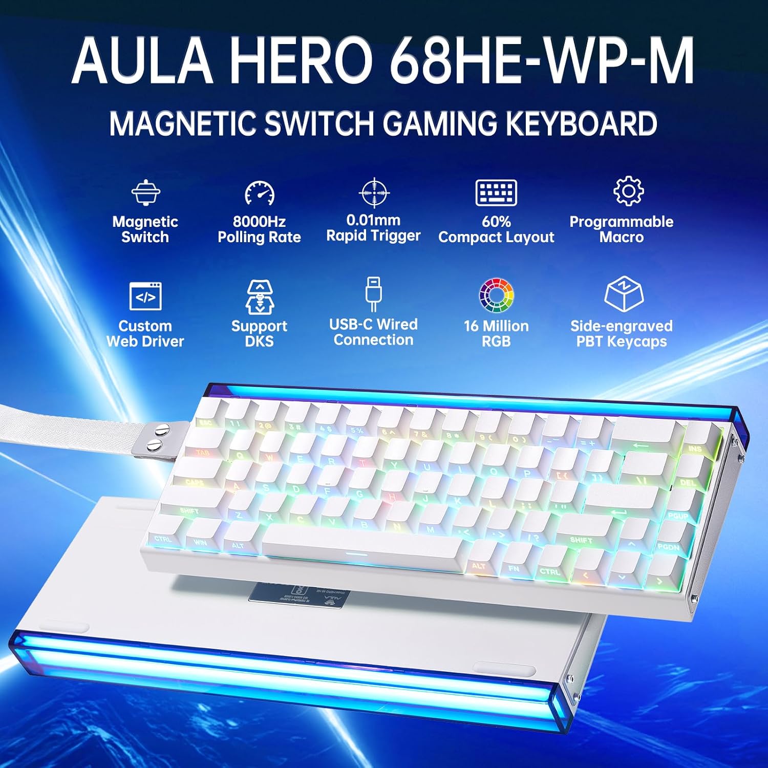 AULA Hero68 HE 60-Key Wired Hall Effect Gaming Keyboard, Magnetic Switch, RGB, Rapid Trigger and Response, Adjustable Actuation