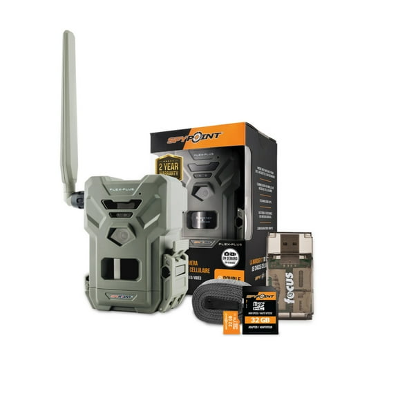 Spypoint Spypoint Flex-Plus Cellular Trail Camera 36MP Photos 1080p Videos Dual-SIM LTE GPS Extended Battery with Spypoint MicroSD 32GB Ultra High Speed Class 10 Memory Card Bundle