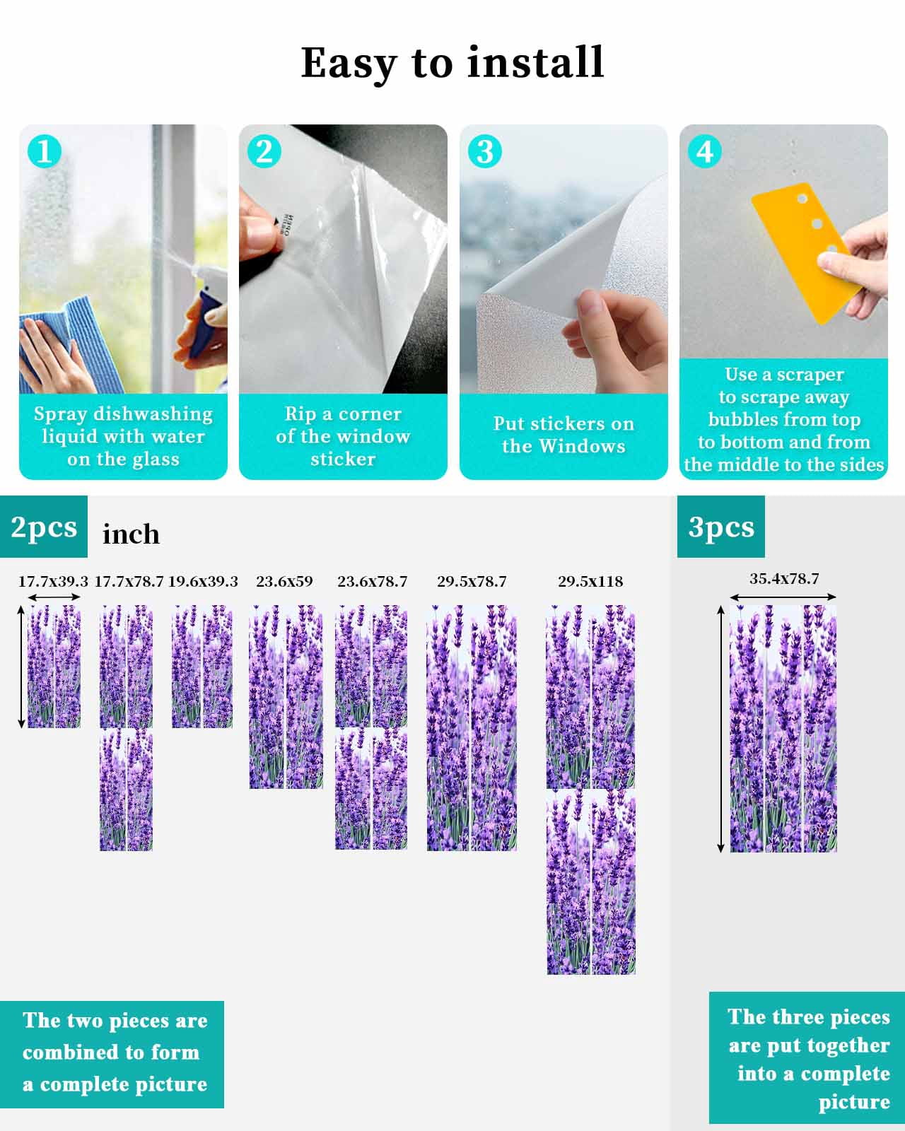 Window Privacy Film Lavender Botanical Art Stained Glass Window Film Decorative Sun Block Window Cover Verdant Flower Purple Window Clings Static Adhesive Sticker for Bathroom 23.6"x78.7"