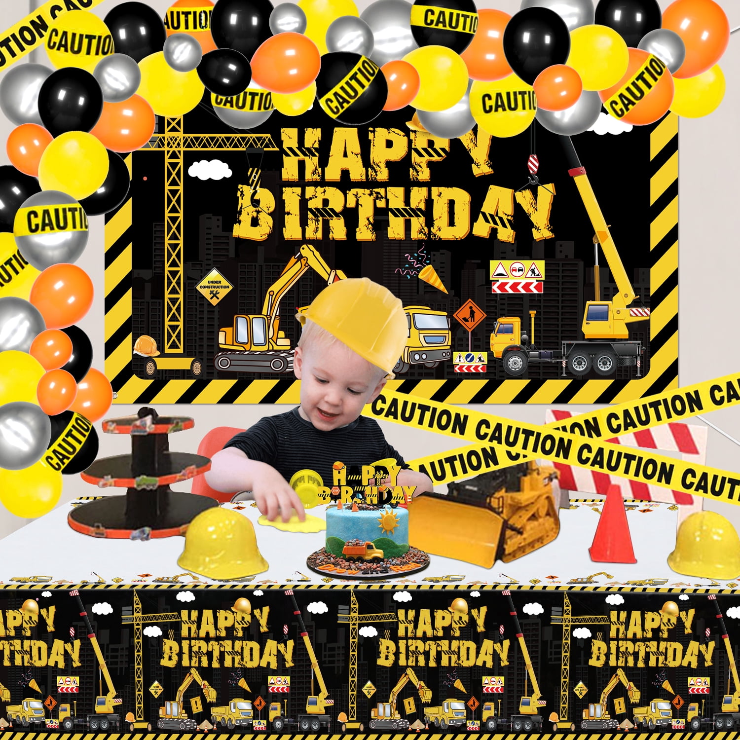 Hegbolke Construction Birthday Party Decoration Kits, 180 cm Plastic/Latex Yellow