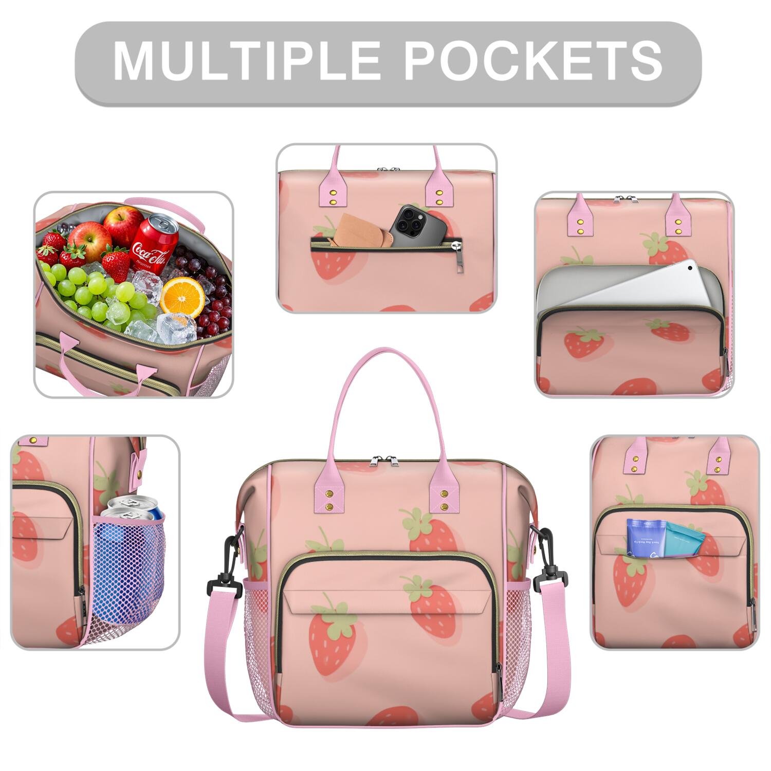 Large Cooler Bag Insulated Bags for Working Women,Leakproof Lunch Box with Multi Pockets for Adult,Insulated Lunch Box for Beach,Picnic,Work,Strawberry