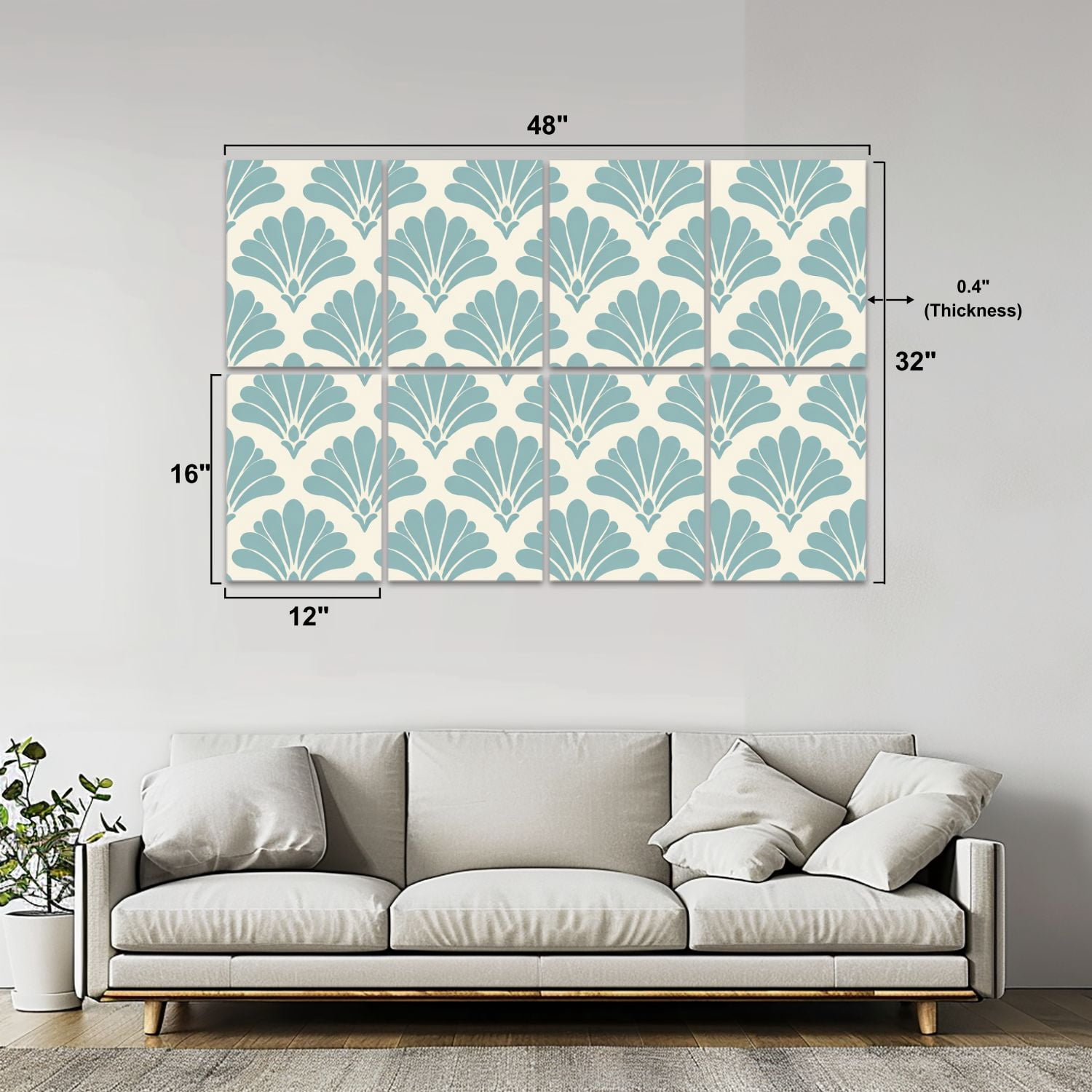 8 Pack Art Acoustic Panels Sound Absorbing Fan Shell Vintage Floral Motif Ivory Decorative Soundproof Wall Panels Self Adhesive for Nursery Game Room Bedroom 48"x32"