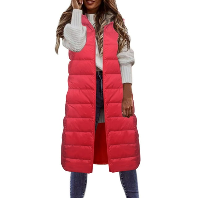 Gibobby Chaleco largo acolchado mujer, Chaleco acolchado para mujer, de plumón largo, sin mangas, con capucha, de gran tamaño, con bolsillos, para negocios, para exteriores(RD1,M)