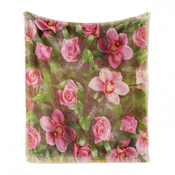Shabby Flora Soft Flannel Fleece Throw Blanket, Romantic Retro Floral Composition Grunge Wedding Corsage Artwork, Cozy Plush for Indoor and Outdoor Use, 60" x 80", Green Pink Pale Pink, by Ambesonne