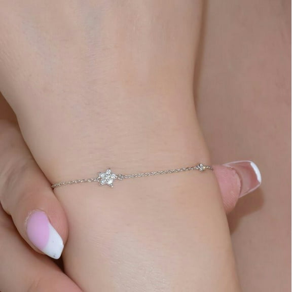 14K Diamond Bracelet For Women Diamond Cluster Minimal Bracelet Dainty White Gold Jewelry.