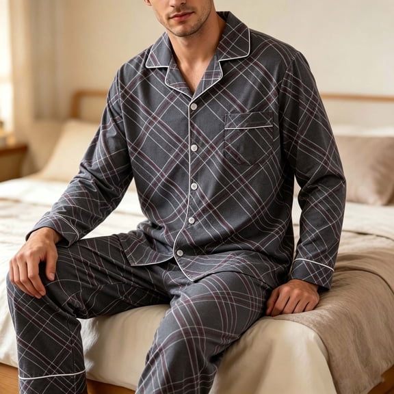 Eltusu Men's Cotton Pajamas Sets 2 Pieces, Comfy Solid Color Button Long Sleeve Sleepwear Tops and Pants Black Size 2XL