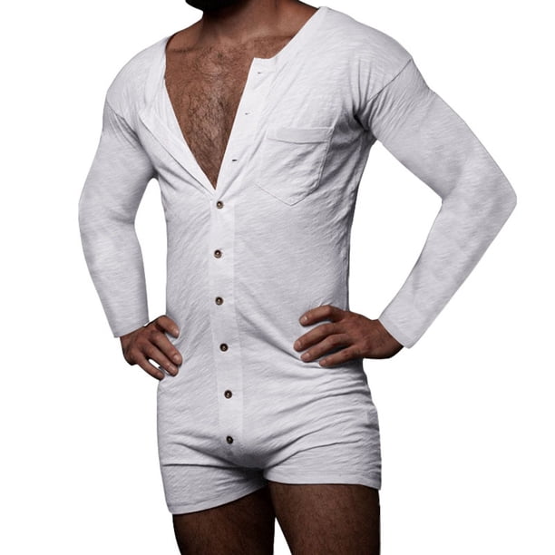 Mono corto de manga larga con pechera de color liso y sexy para hombre - Ropa informal para el día a día