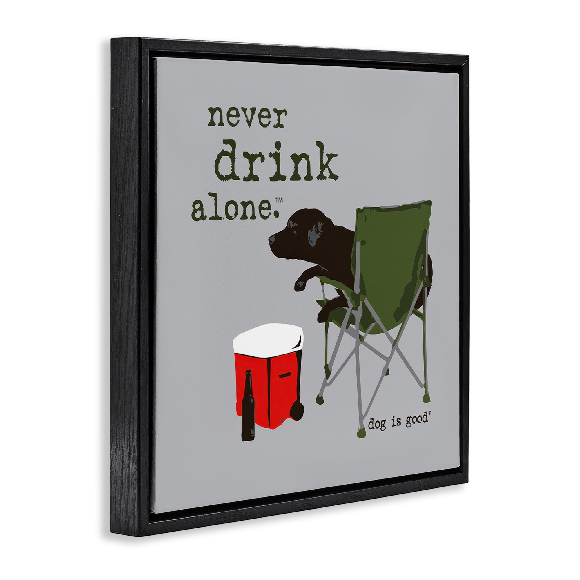 Stupell Industries Never Drink Alone Dog Animals Painting Black Floater Framed Canvas Art Print Wall Art, 18 x 18