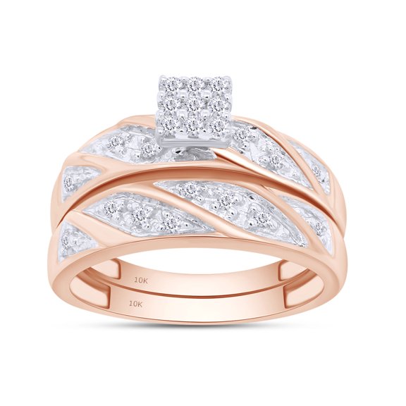 AFFY White Natural Diamond Cluster Engagement & Wedding Trio Band Ring Set In 10k Rose Gold (0.33 Cttw)