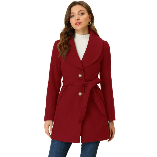 INSPIRE CHIC Manteau Trench Long pour Femme, Mignon, Col Rabattu, Boutonnage Simple, Ceinturé, Rouge Foncé, TP