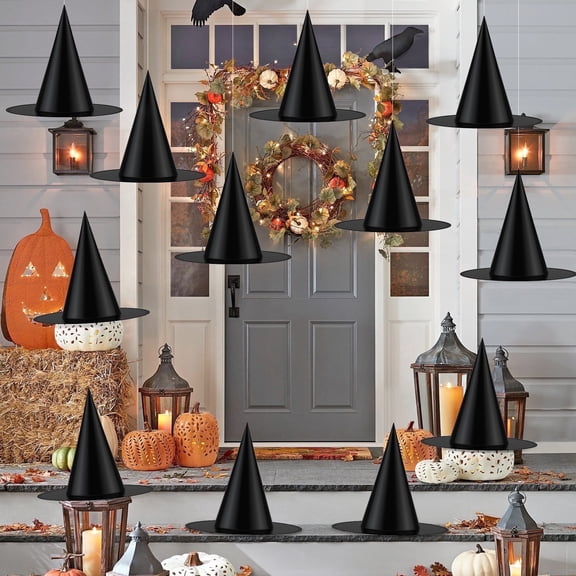 Zsiparty Halloween Black Witch Hats for Home Party Yard, 12 Pcs 15 inch Witch Hats with 328 ft Rope Hanging Halloween Decorations for Adults and Kids