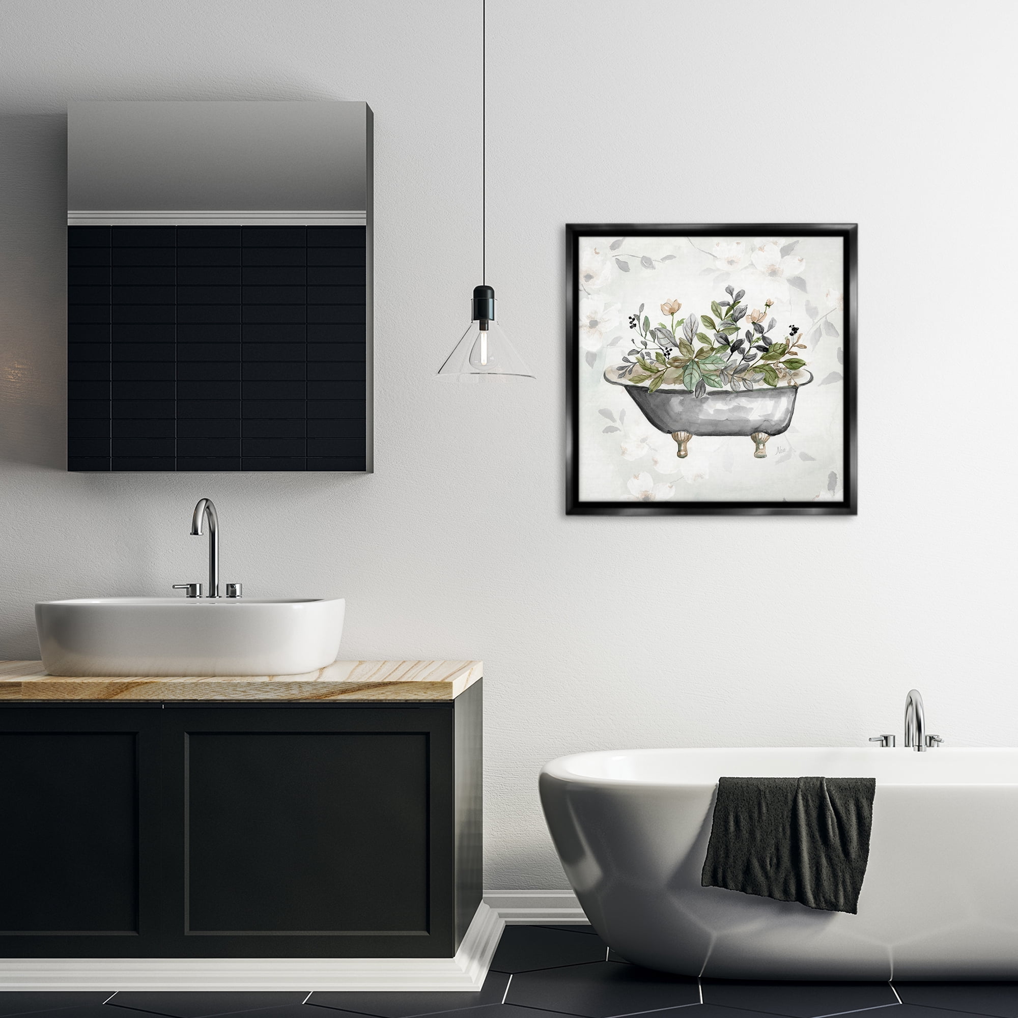 Stupell Industries Leaf Patterned Tub Typography Painting Black Floater Framed Canvas Art Print Wall Art, 25 x 25