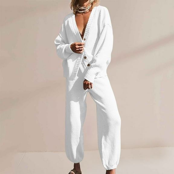RYDCOT Two Piece Waffle Sweater Set for Women Long Sleeve Outfits Cardigan and Pants Matching Set 2 Piece Slouchy Loungewear Sweater Sets