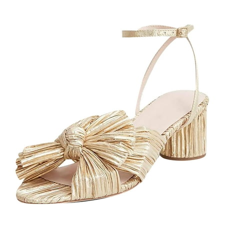 

Women s Fashion Sandals Thick Heel Bow Silk Sandals Retro Buckle Shoes