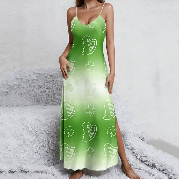 DYTTDG Women's St. Patrick's Day Printed Chemise | Summer Casual V-Neck Split Color Nightdress with Adjustable Straps for Holiday, Party & Sleepwear