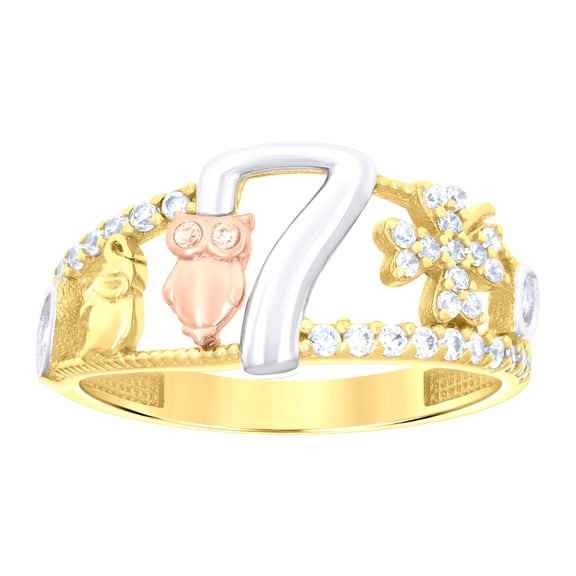 14k 14kt Tri-Color Gold Women Cubic-Zirconia Elephant Owl Clover 7 Good Luck Ring