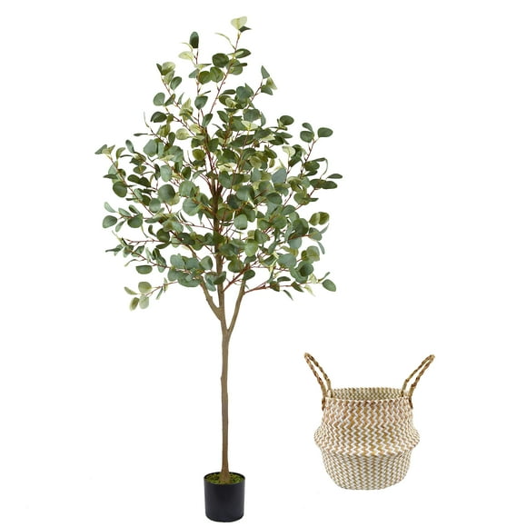 Warmplants Artificial Eucalyptus Tree, 6ft Tall Fake Eucalyptus Plant with Basket, Green Silver Dollars Silk Leaves Faux Tree for Home Office Livingr