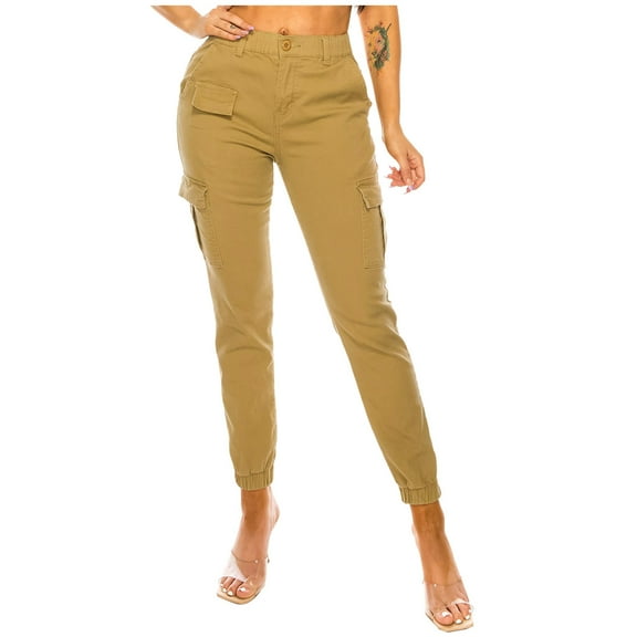 Women's Casual High Waist Solid Straight Leg Cargo Pants Multi Pocket Camouflage Outdoor Stretchy Capris Pants Yellow,XL