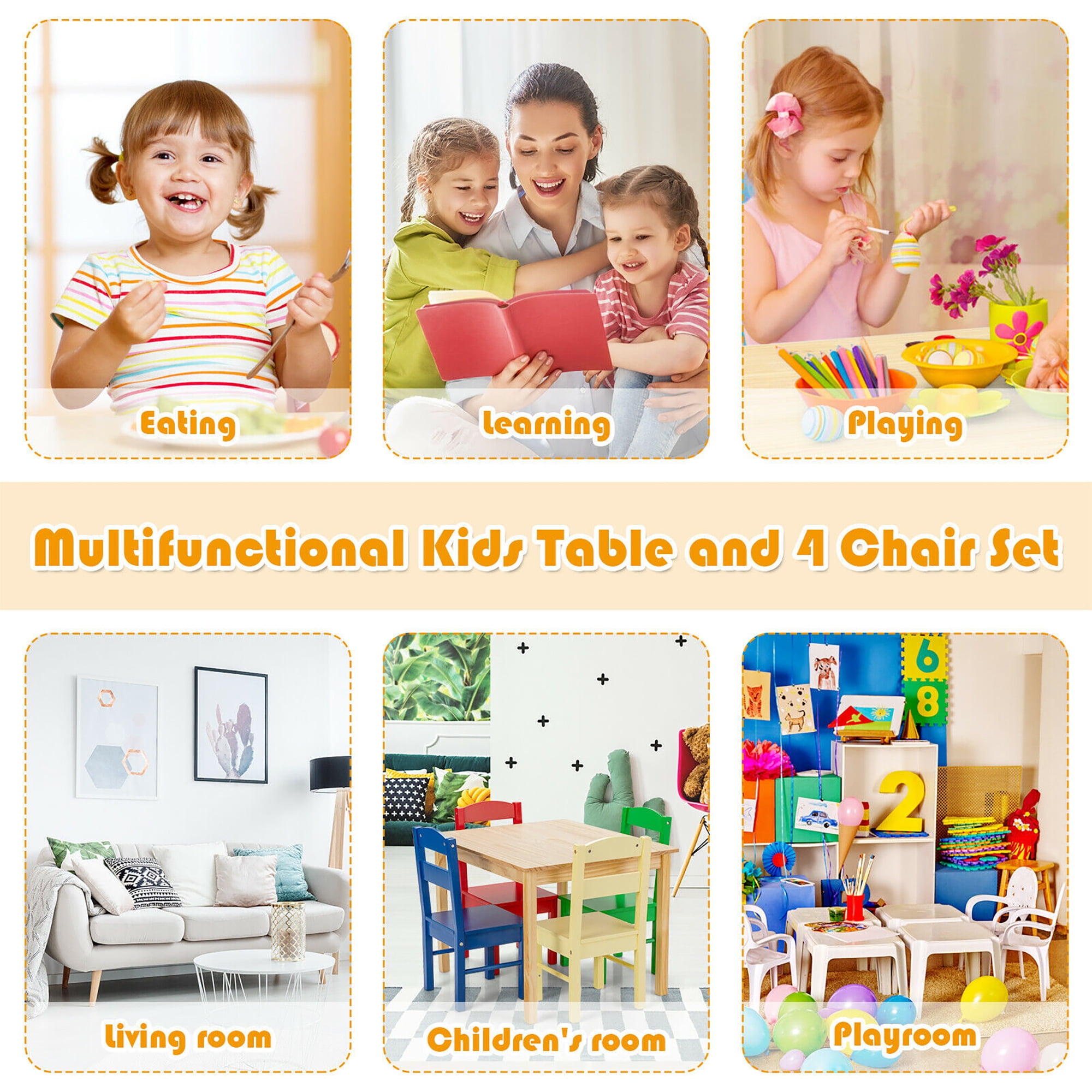 Costway Kids 5 Piece Table Chair Set Pine Wood Multicolor Children Play Room Furniture