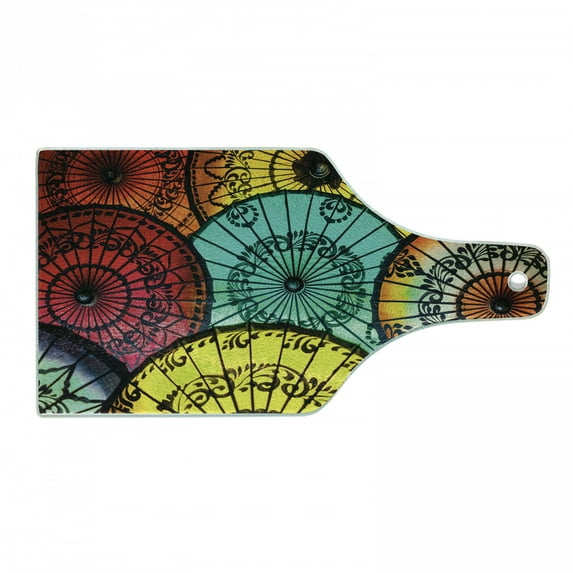 East Cutting Board, Parasols at Indonesian Street Market Vibrant Heritage Boho Inspired Print, Decorative Tempered Glass Cutting and Serving Board, Wine Bottle Shape, Multicolor, by Ambesonne