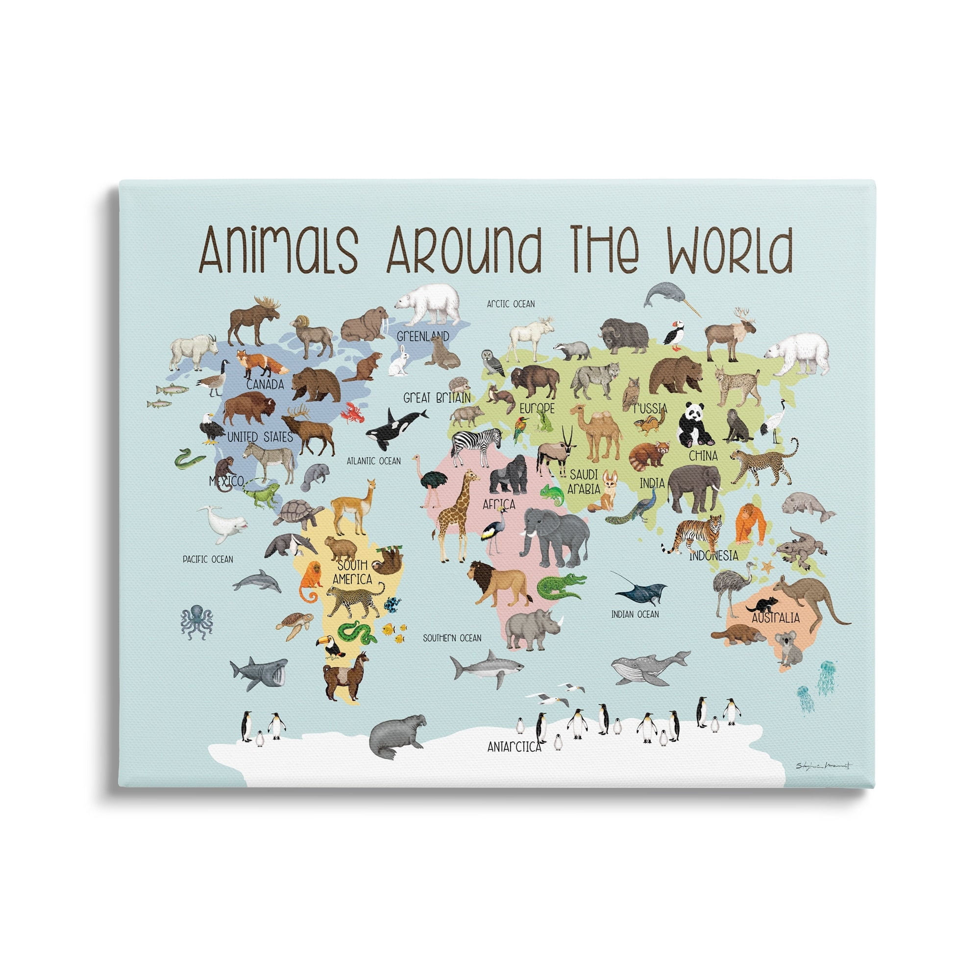 Stupell Animals Around The World Map Animals & Insects Painting Gallery Wrapped Canvas Print Wall Art