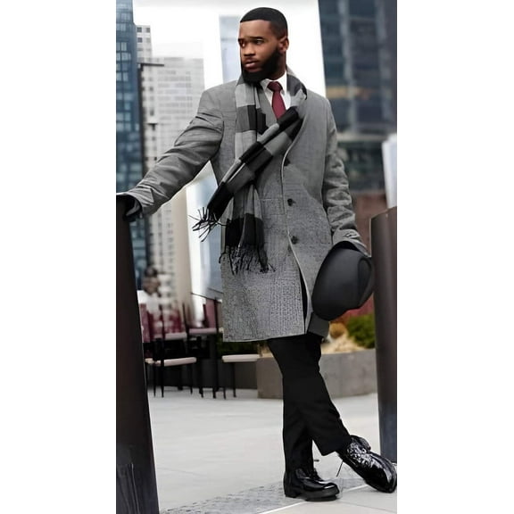 Mens Overcoat - 100% Wool Grey and Black Glen Plaid Carocat