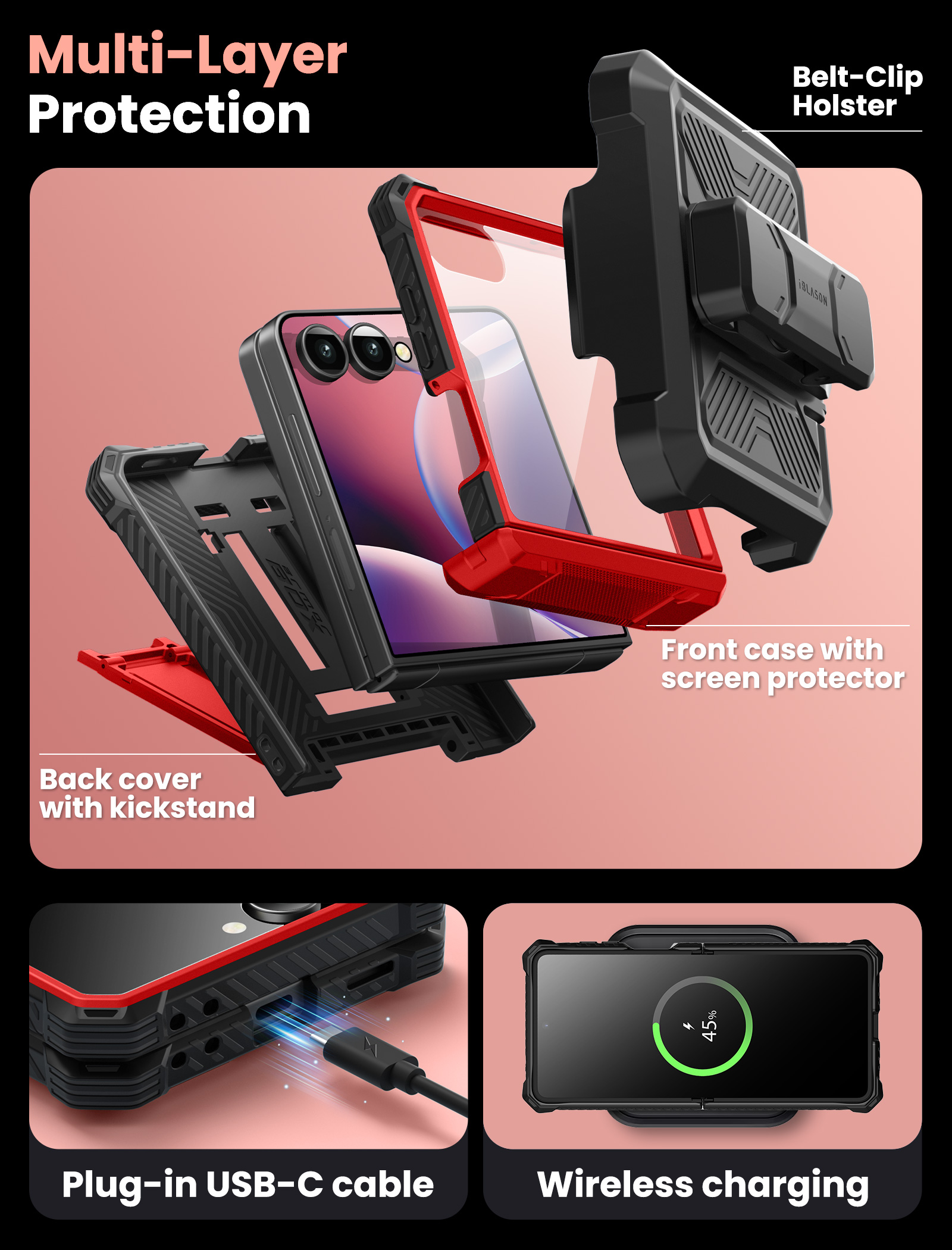 i-Blason Armorbox for Samsung Galaxy Z Flip 7 Case with Stand, [Built-in 9H Screen Protector] [with Belt-Clip] [Hinge Protection], Full-Body Military Protection Phone Case for Samsung Z Flip 7, Ruddy