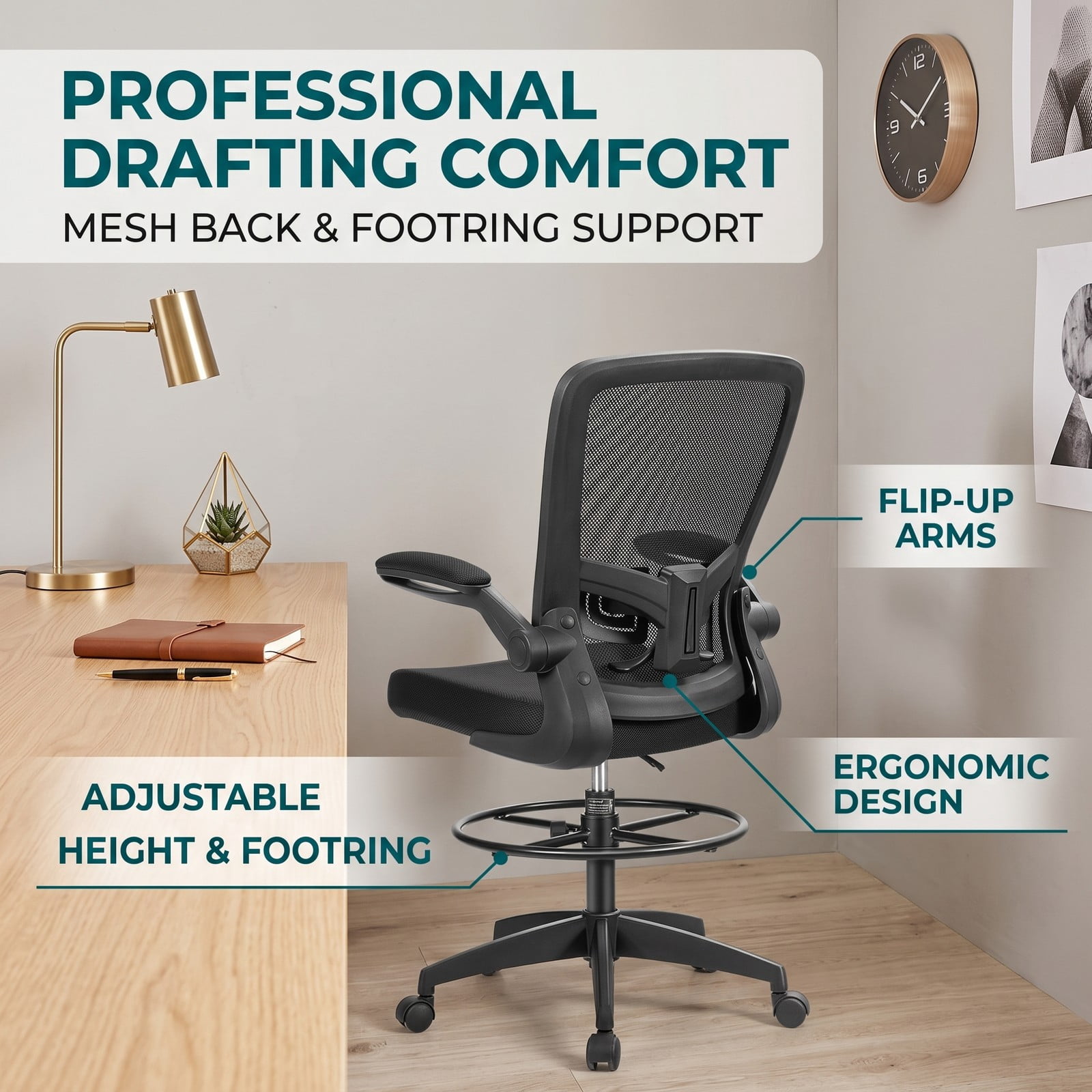 Furnibear Height Adjustable Drafting Chair with Flip-Up Arms, Ergonomic Mesh Back Rolling Task Office Chair with Foot Ring and Adjustable Lumbar Support for, Black