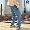 thumbnail image 4 of Men's Patchwork Checkerboard Straight Leg Jeans, Loose Wide Leg Denim Pants Casual Streetwear Trousers, 4 of 5